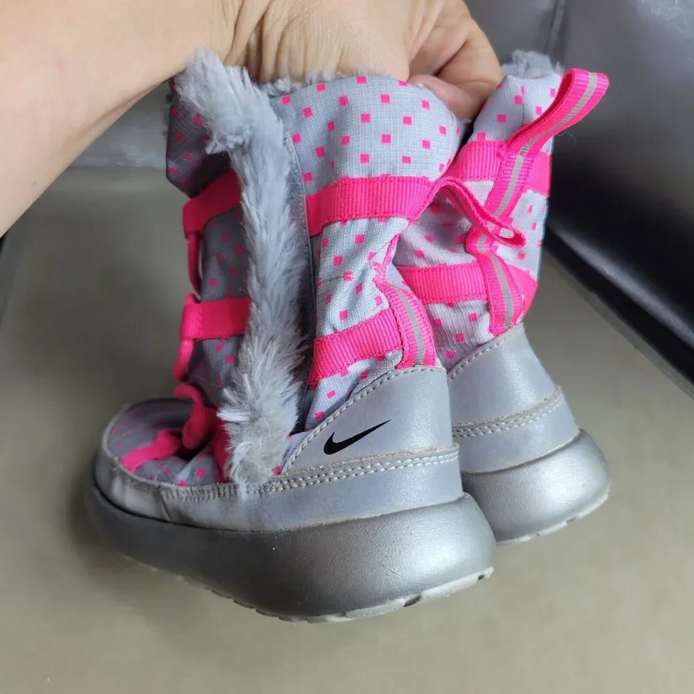 Nike Rosherun Hi Sneakerboot Girls 12 Silver Pink Comfy‎ Faux Leather Snow Boots